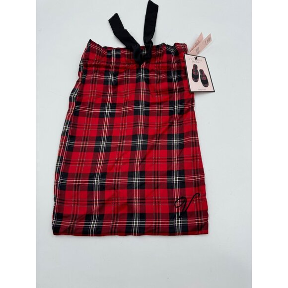 Victorias Secret Signature Satin Plaid Slippers & Drawstring Bag Set Red/Black - Picture 5 of 8